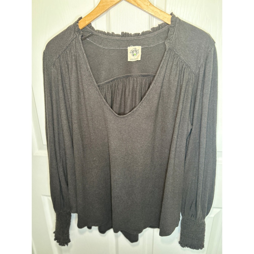 Free People We The‎ Free Peasant Top L Gray Natural Organic Cotton Smocked Boho